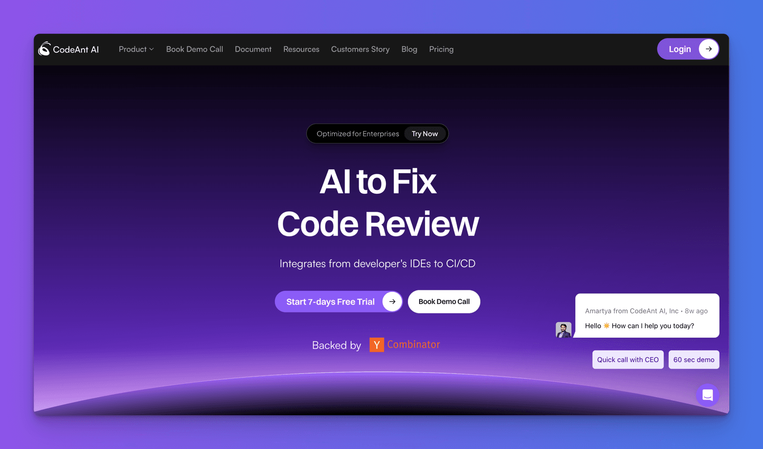 CodeAnt AI homepage headlined AI to Fix Code Review, promising integration from developer IDEs to CI/CD, with a 7-day free trial button and a Backed by Y Combinator badge