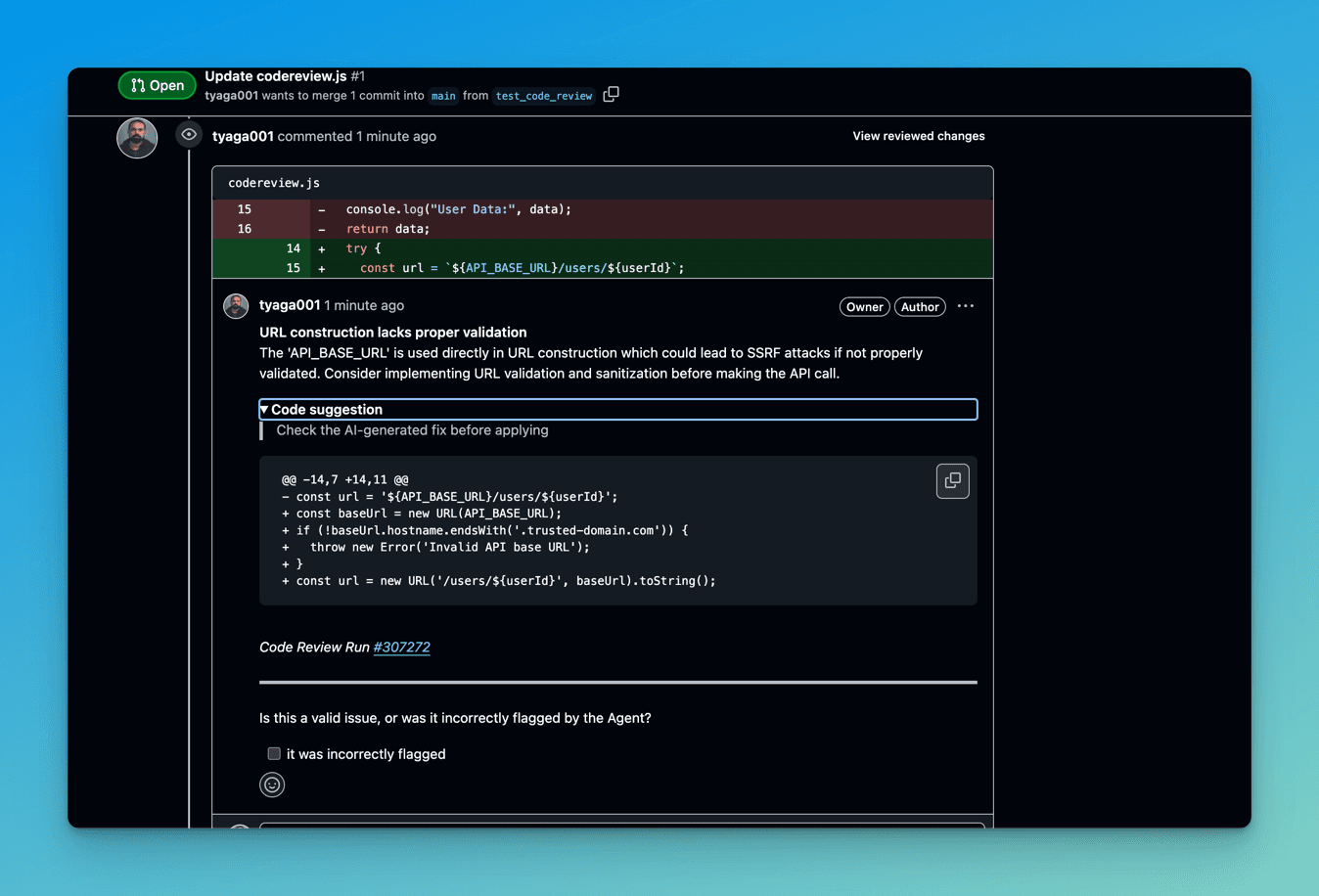 Review comment warning that API_BASE_URL construction lacks validation and could allow SSRF