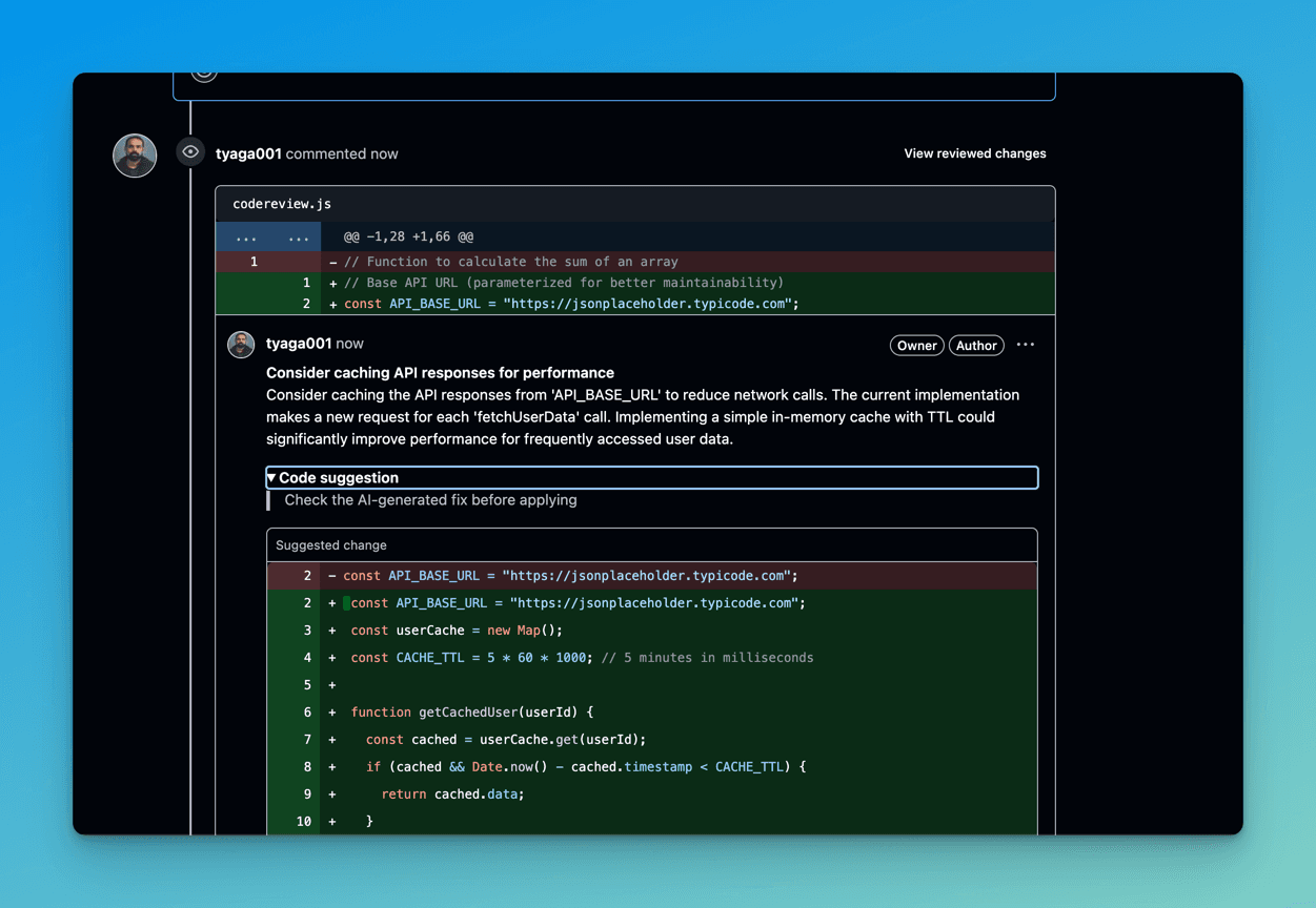 Review comment recommending cached API responses for performance, with a suggested diff adding an in-memory userCache Map on a five-minute TTL