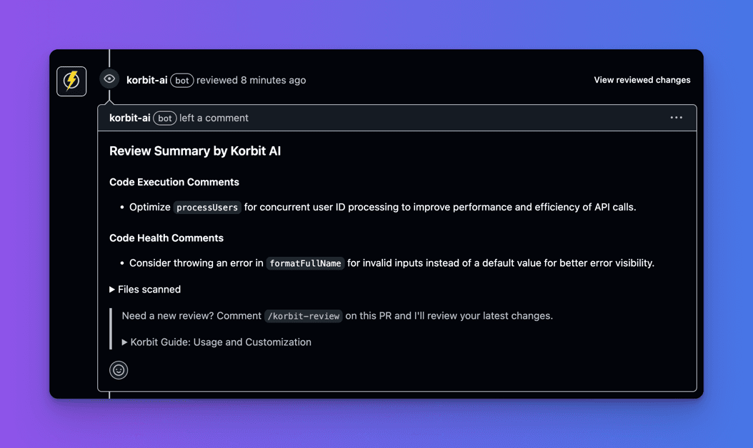 Review Summary by Korbit AI with a single code execution comment to optimize processUsers for concurrency and one code health comment to throw an error in formatFullName