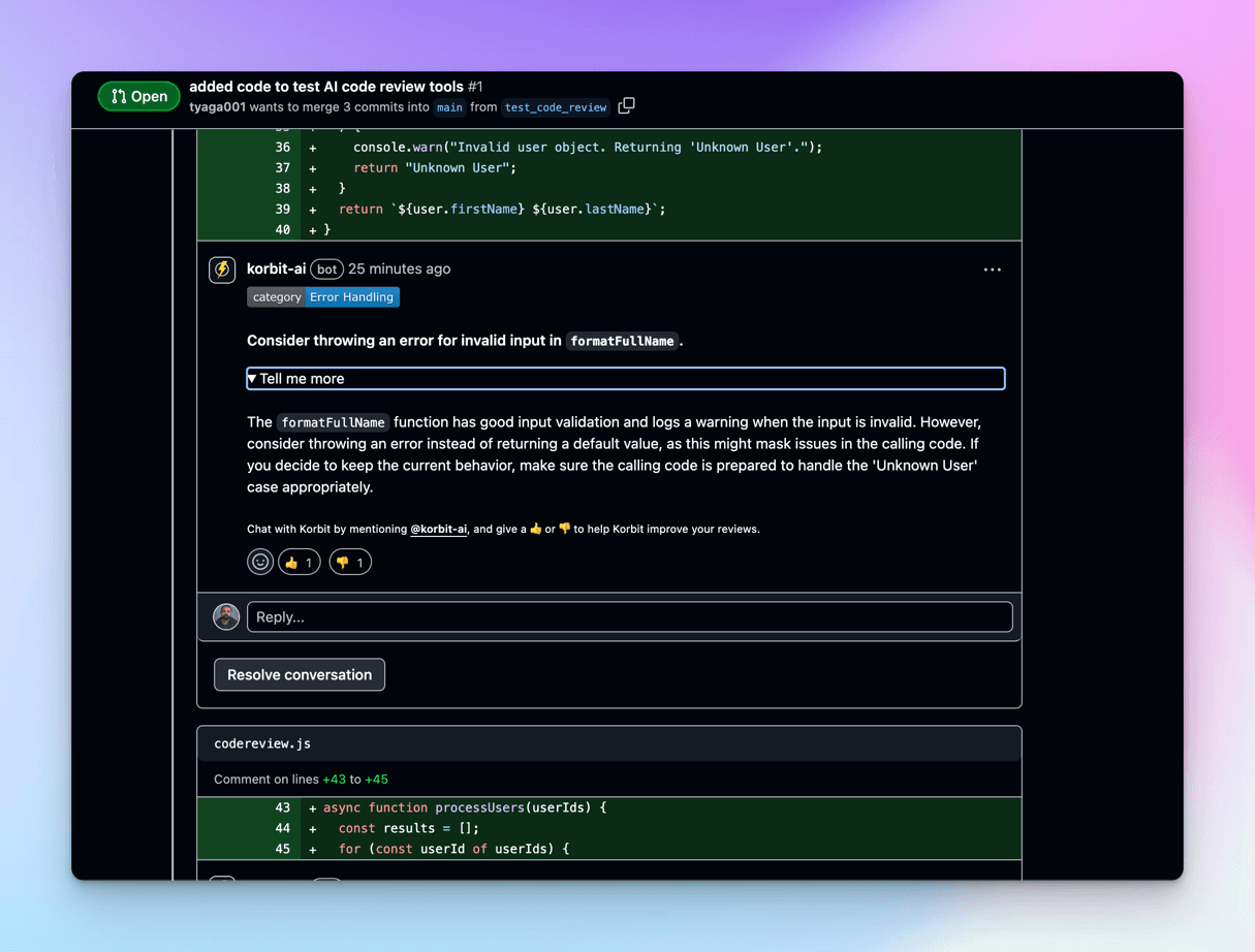 Korbit AI review comment on formatFullName suggesting an error be thrown instead of returning 'Unknown User', explained in prose with no code snippet offered