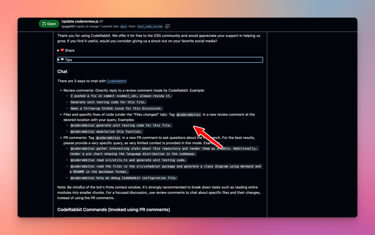 CodeRabbit's expanded Tips panel listing three ways to chat with the bot: replying to a review comment, tagging @coderabbitai on specific lines
