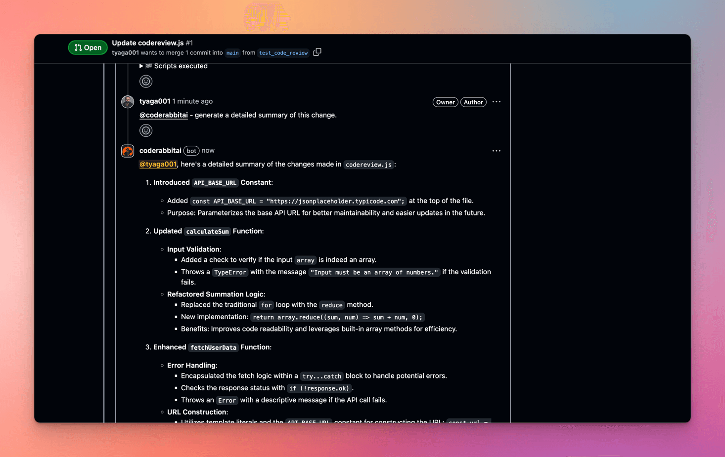 CodeRabbit replying to a tagged request in a pull request with a numbered summary of the changes to codereview.js