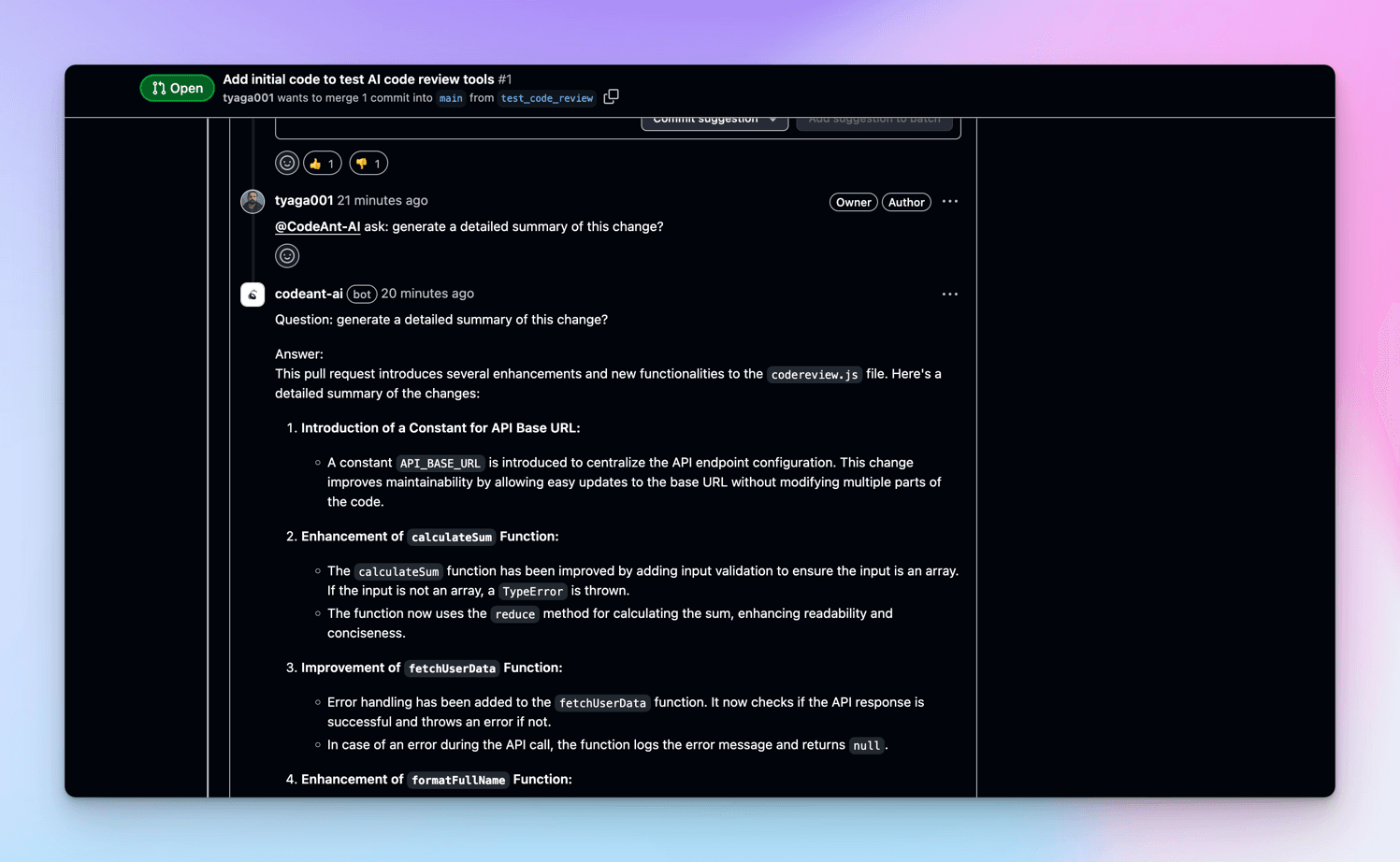CodeAnt AI answering an ask command with a numbered walkthrough of the pull request