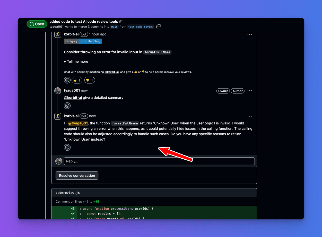 Korbit AI answering a request for a detailed summary with only a short paragraph