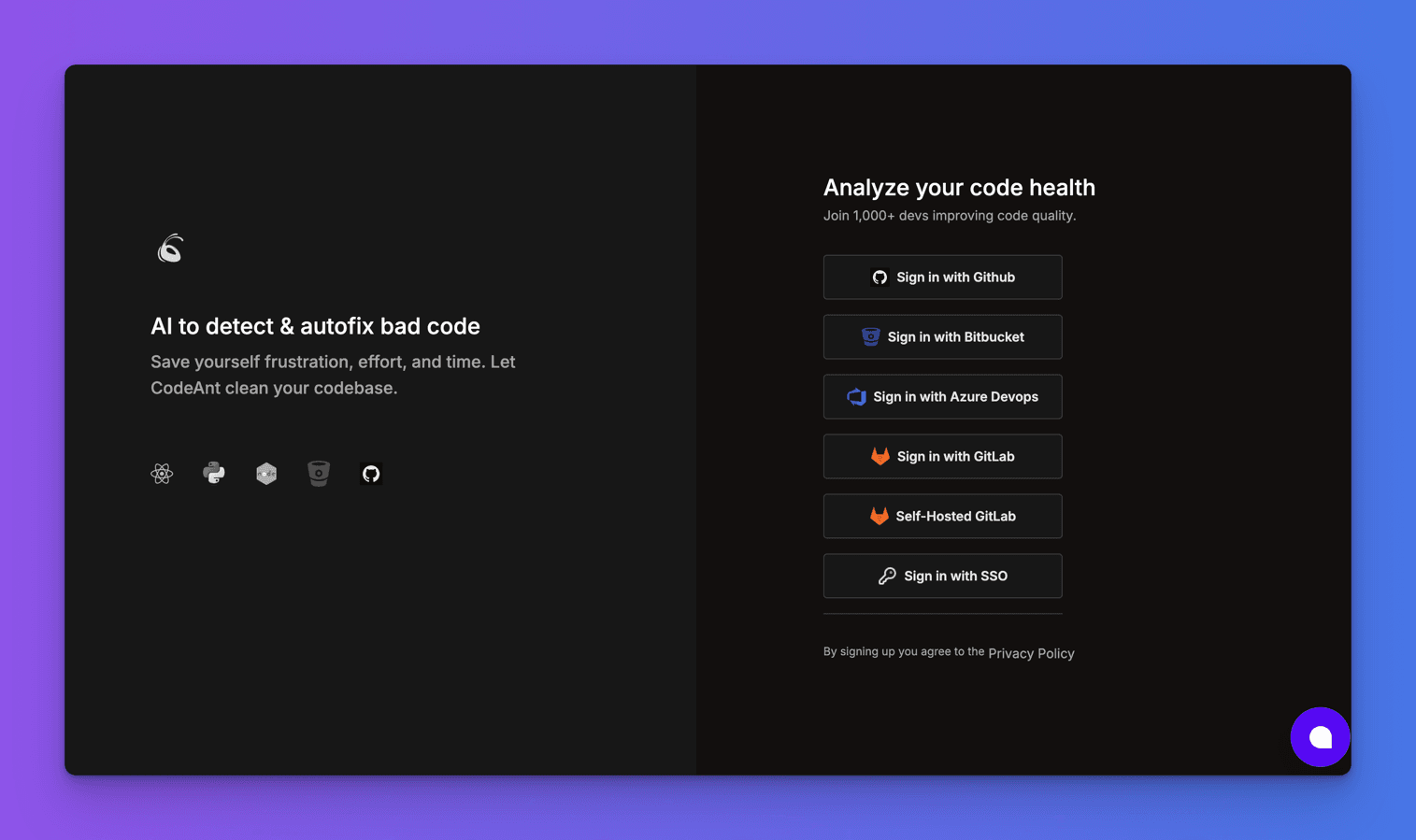 CodeAnt AI sign-in page headed "Analyze your code health", offering Github, Bitbucket, Azure Devops, GitLab, self-hosted GitLab and SSO buttons