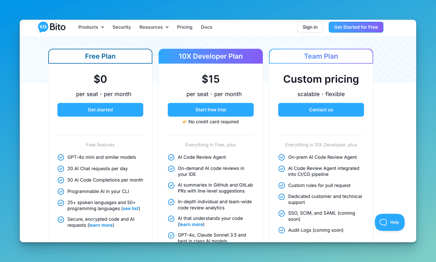 Bito pricing comparing a $0 Free Plan, a $15 per seat 10X Developer Plan and a custom-priced Team Plan