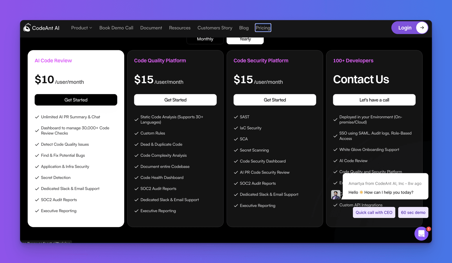CodeAnt AI yearly pricing with AI Code Review at $10 per user per month, Code Quality and Code Security Platforms at $15 each, and Contact Us for 100+ developers
