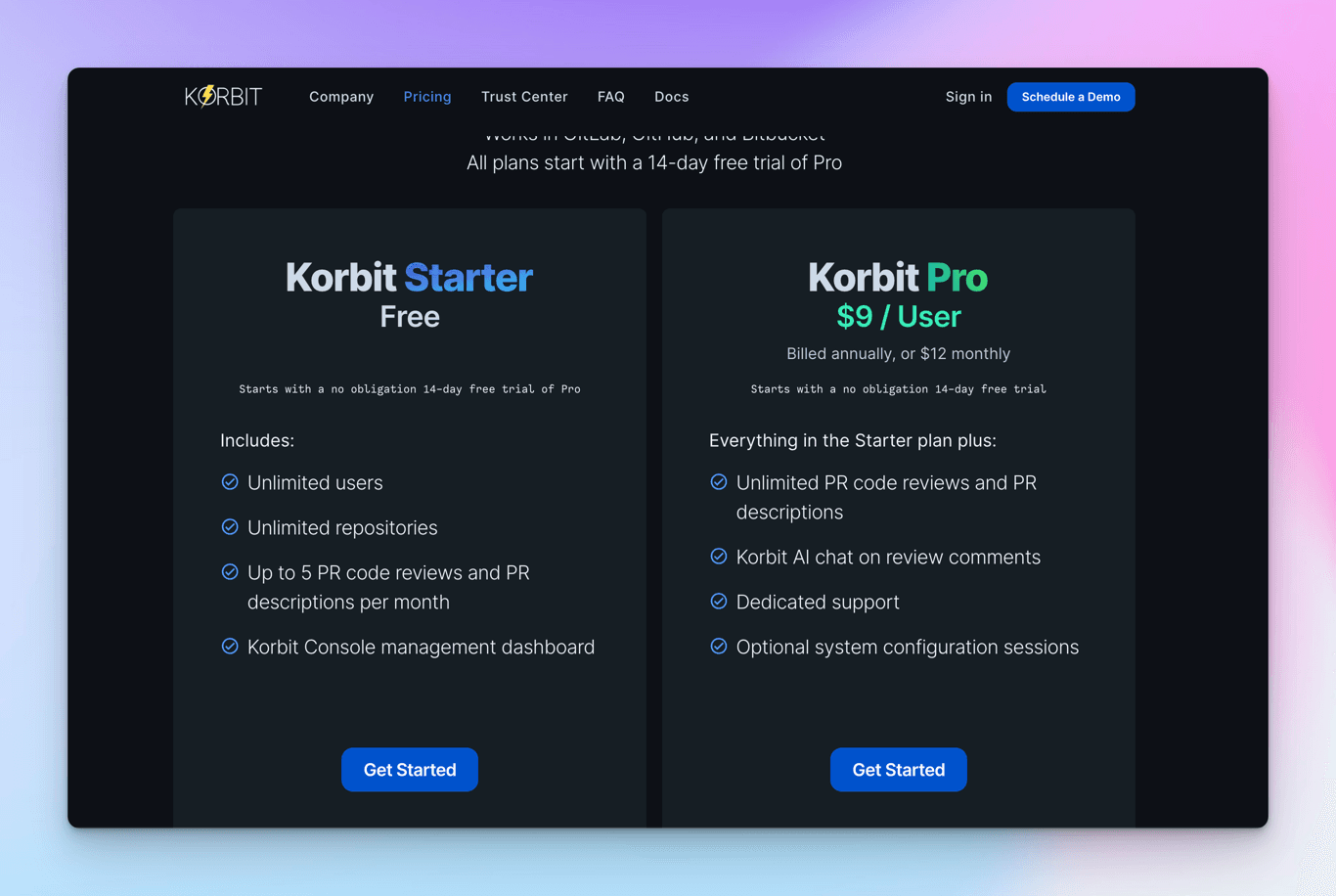 Korbit pricing showing a free Starter tier capped at 5 PR reviews a month beside Korbit Pro at $9 per user with unlimited reviews and AI chat