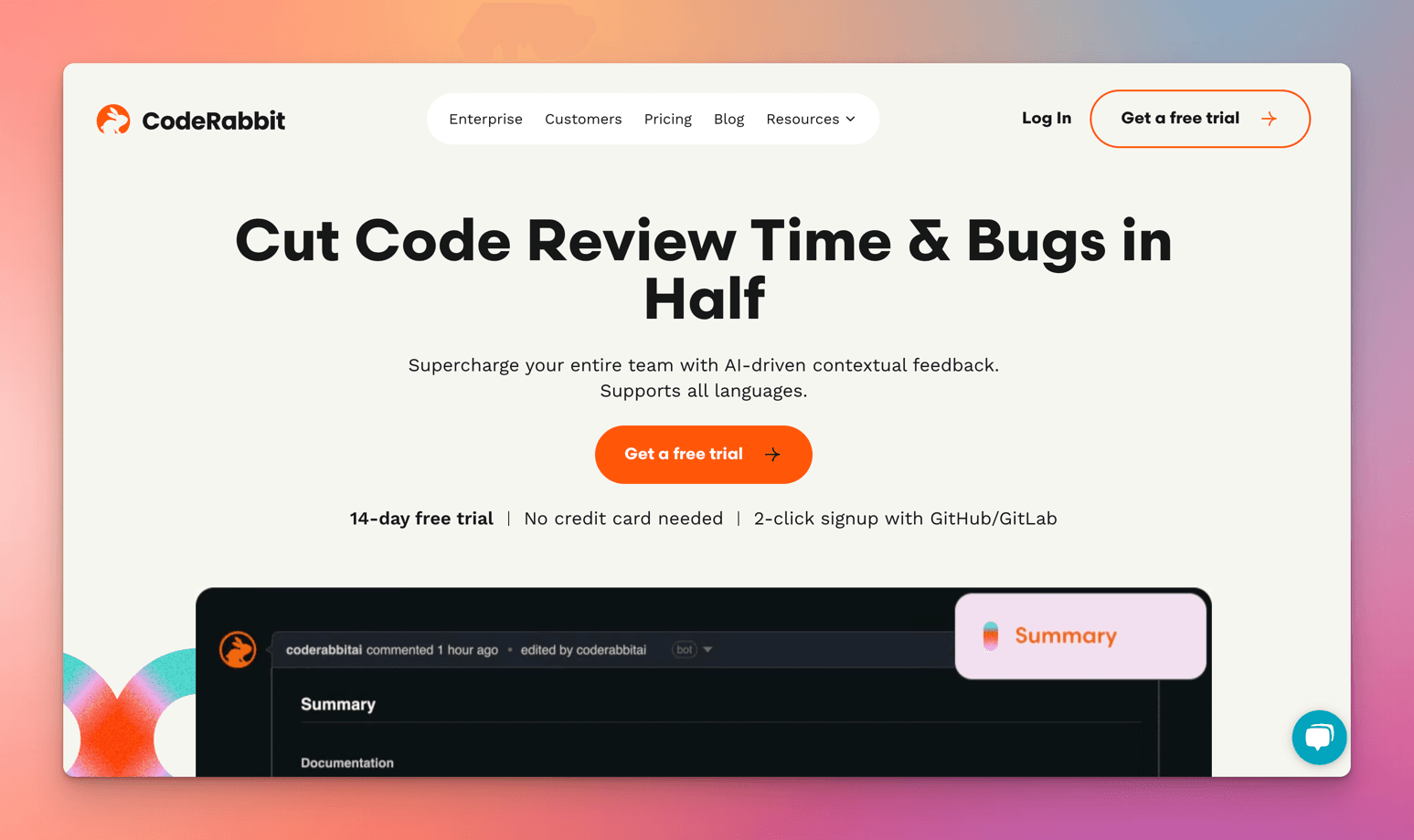 CodeRabbit homepage promising to "Cut Code Review Time & Bugs in Half", with a free-trial button above a preview of a coderabbitai PR summary comment