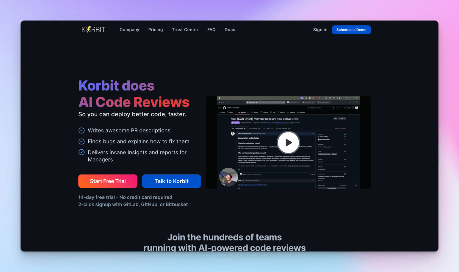 Korbit homepage headed "Korbit does AI Code Reviews", listing PR descriptions, bug fixes and manager insights beside a demo video of a reviewed GitHub pull request