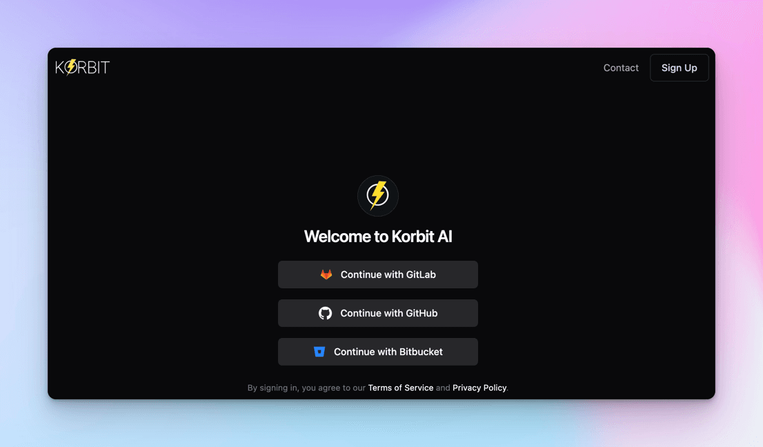 Korbit AI welcome screen offering three sign-in choices: Continue with GitLab, Continue with GitHub, or Continue with Bitbucket