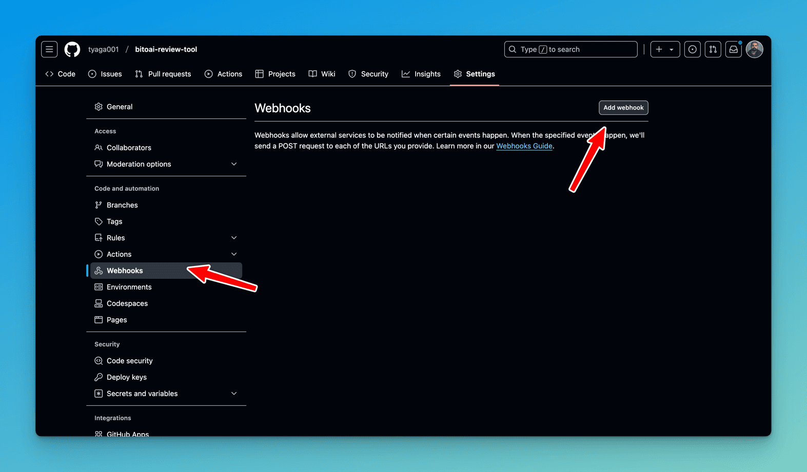 GitHub settings for the bitoai-review-tool repo with red arrows pointing at the Webhooks item in the sidebar and the Add webhook button