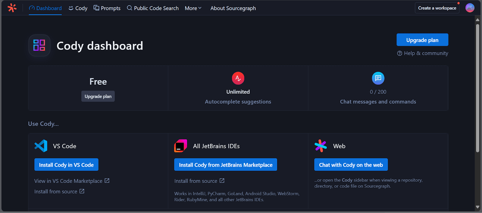 Sourcegraph's Cody dashboard on the Free plan showing unlimited autocomplete but 0 of 200 chat messages used