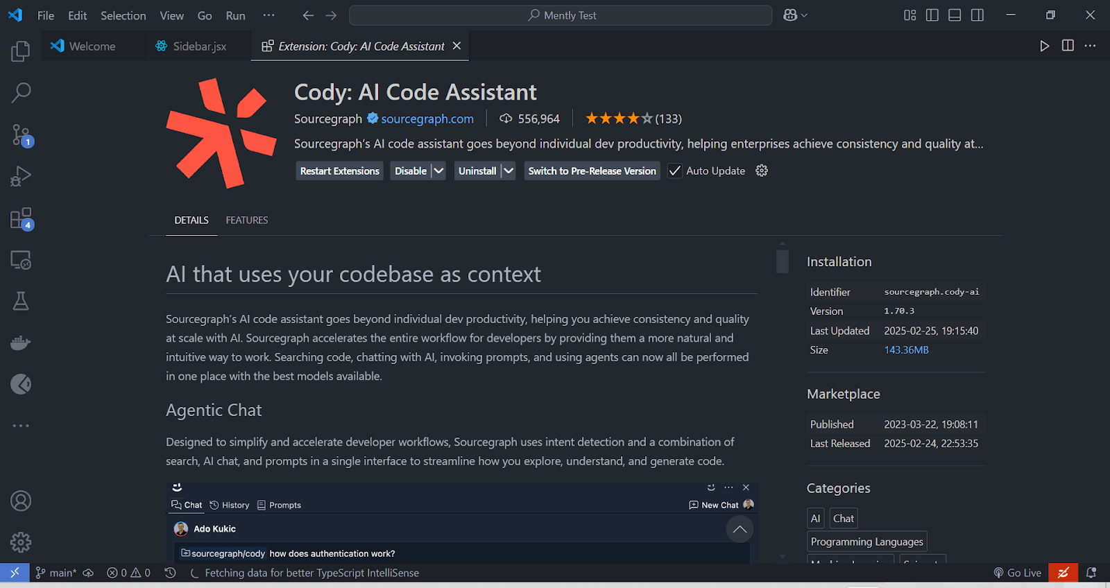 Cody: AI Code Assistant extension page in VS Code, published by Sourcegraph with 556,964 installs and the tagline AI that uses your codebase as context