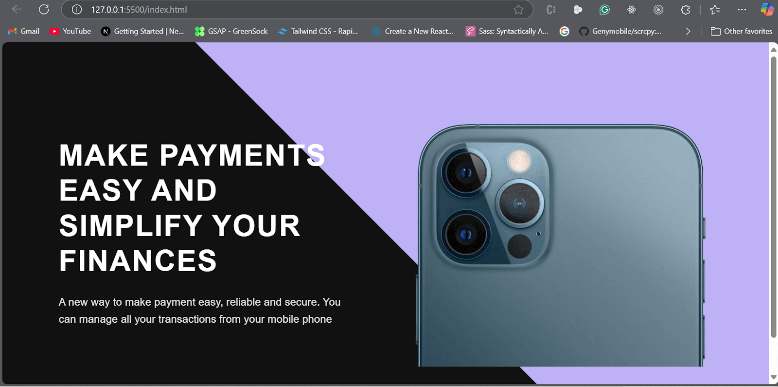 Cody's generated landing page in the browser, headline MAKE PAYMENTS EASY AND SIMPLIFY YOUR FINANCES on a black and lavender diagonal split beside a phone camera photo