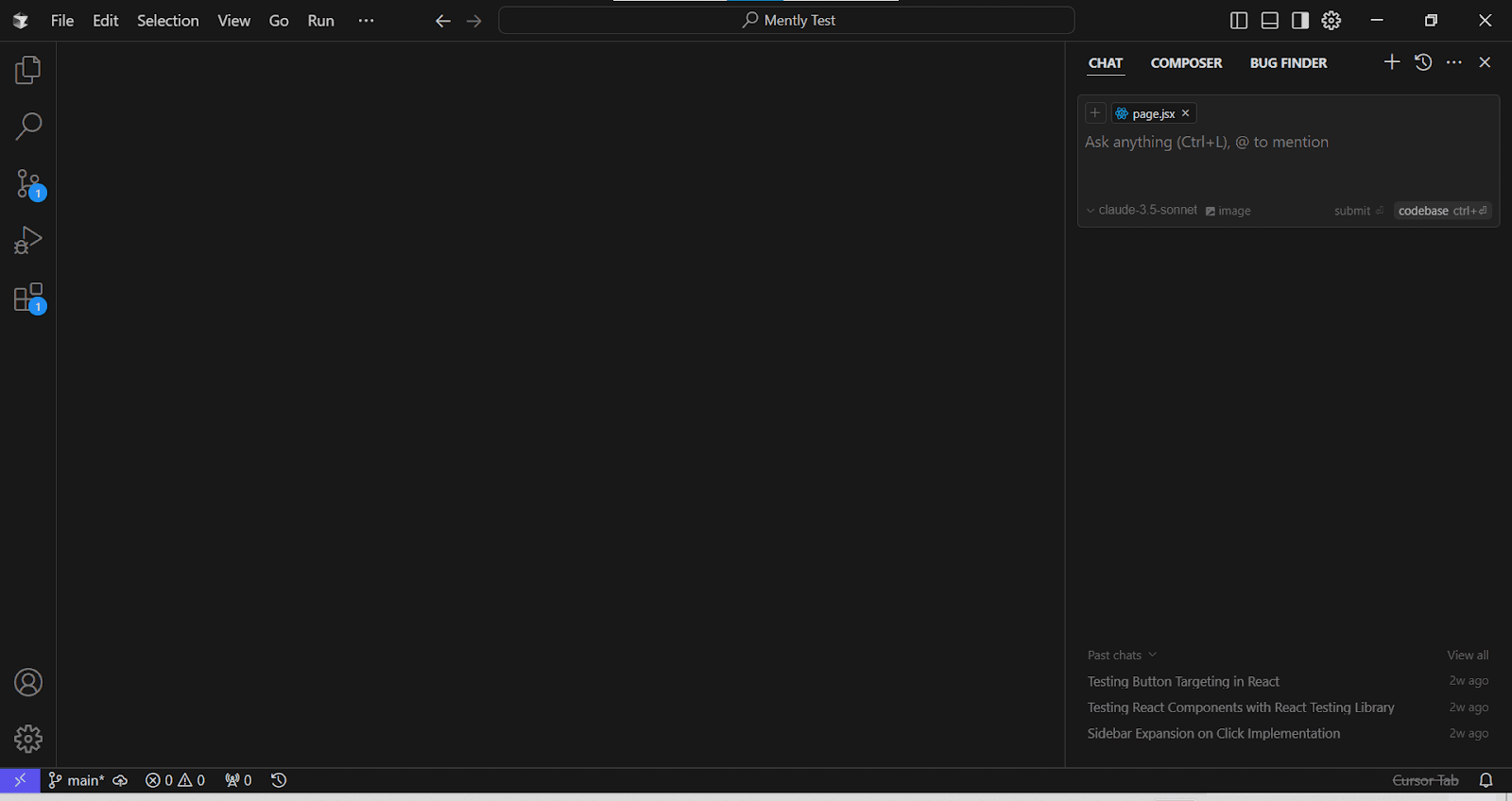Cursor's empty editor with the Chat, Composer and Bug Finder tabs open, page.jsx attached and claude-3.5-sonnet selected