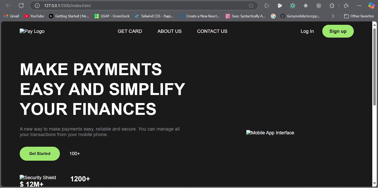 Cursor's generated landing page reproducing the payments nav, headline and Get Started button, with broken placeholders where the logo and phone image belong