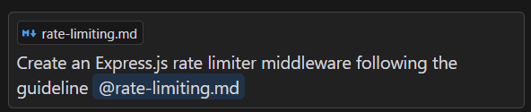 Cursor prompt reading create an Express.js rate limiter middleware following the guideline, with a rate-limiting.md file attached as context