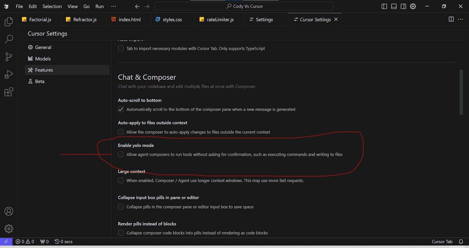 Cursor Settings under Features with Enable yolo mode circled in red, the option that lets agent composers run commands and write files without asking for confirmation