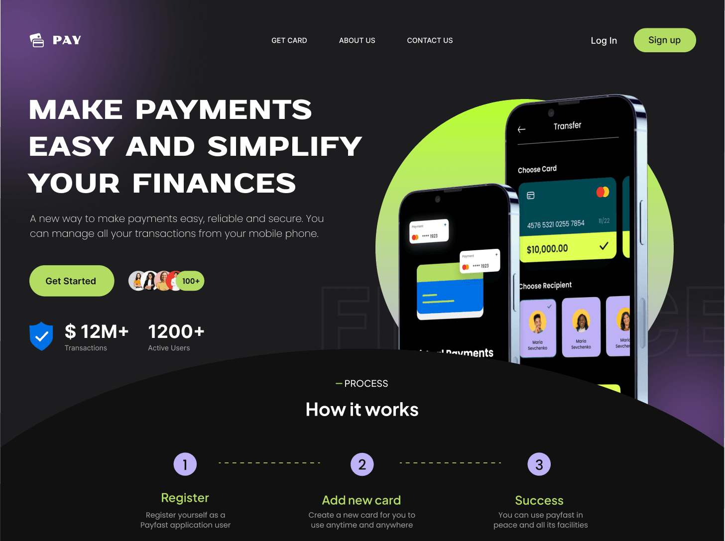 Original Pay landing page design used as the target, with phone mockups of a transfer screen, $12M+ transactions, 1200+ active users and a three step how it works