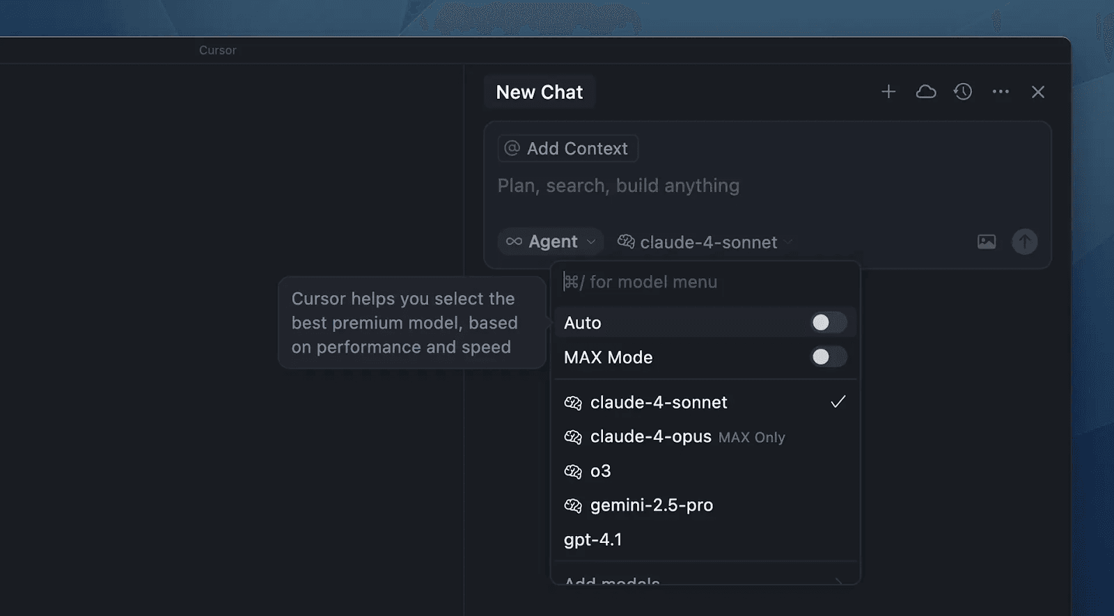 Cursor's model picker open in a new chat, with claude-4-sonnet selected and claude-4-opus, o3, gemini-2.5-pro and gpt-4.1 below the Auto and MAX Mode toggles