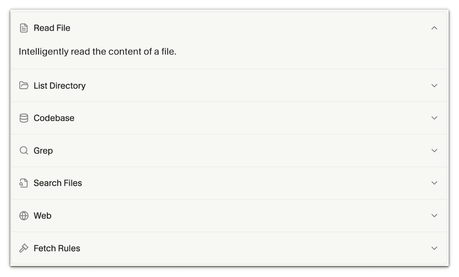 Cursor's built-in agent tools expanded on Read File, with List Directory, Codebase, Grep, Search Files, Web and Fetch Rules collapsed below