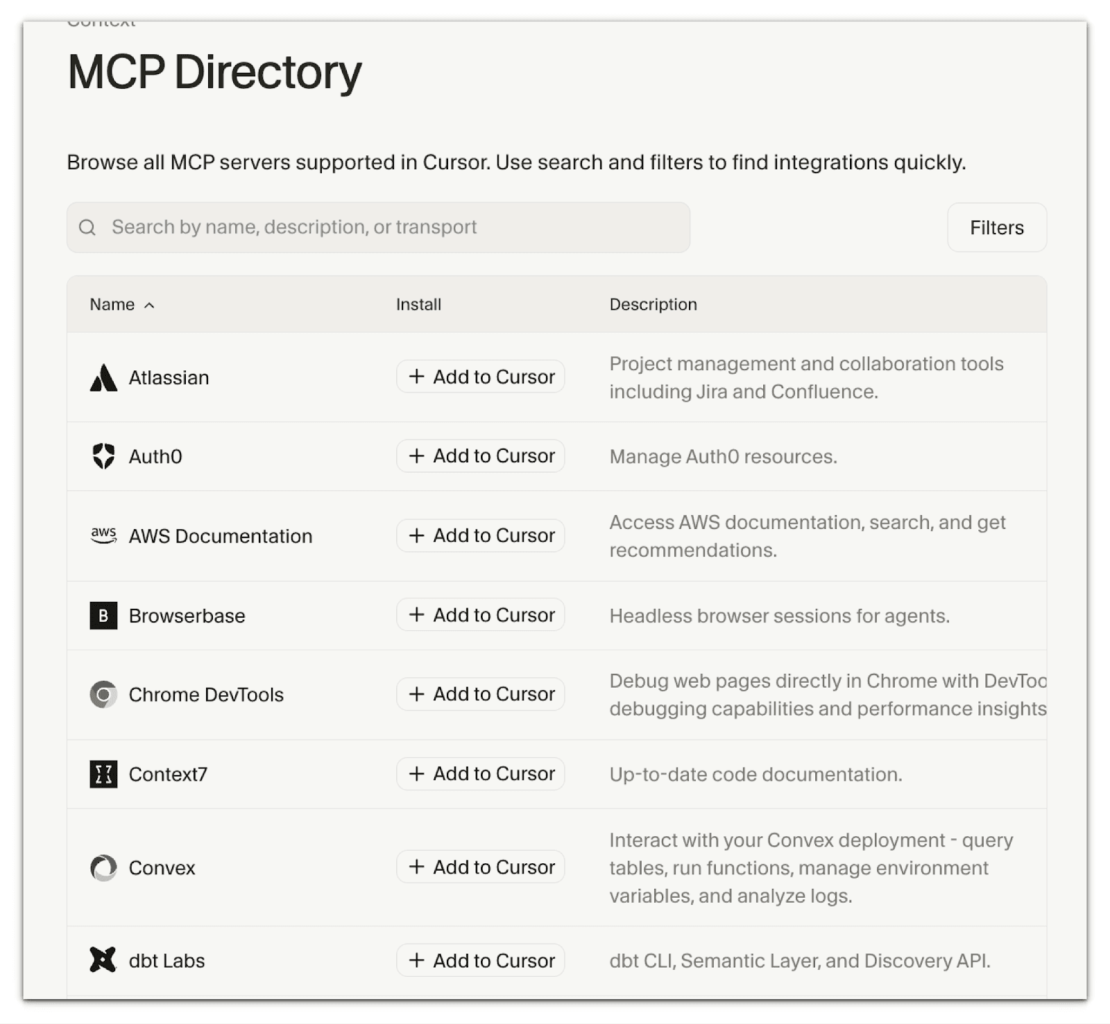 Cursor's MCP Directory listing servers such as Atlassian, Auth0, AWS Documentation, Browserbase and Context7, each with an Add to Cursor button