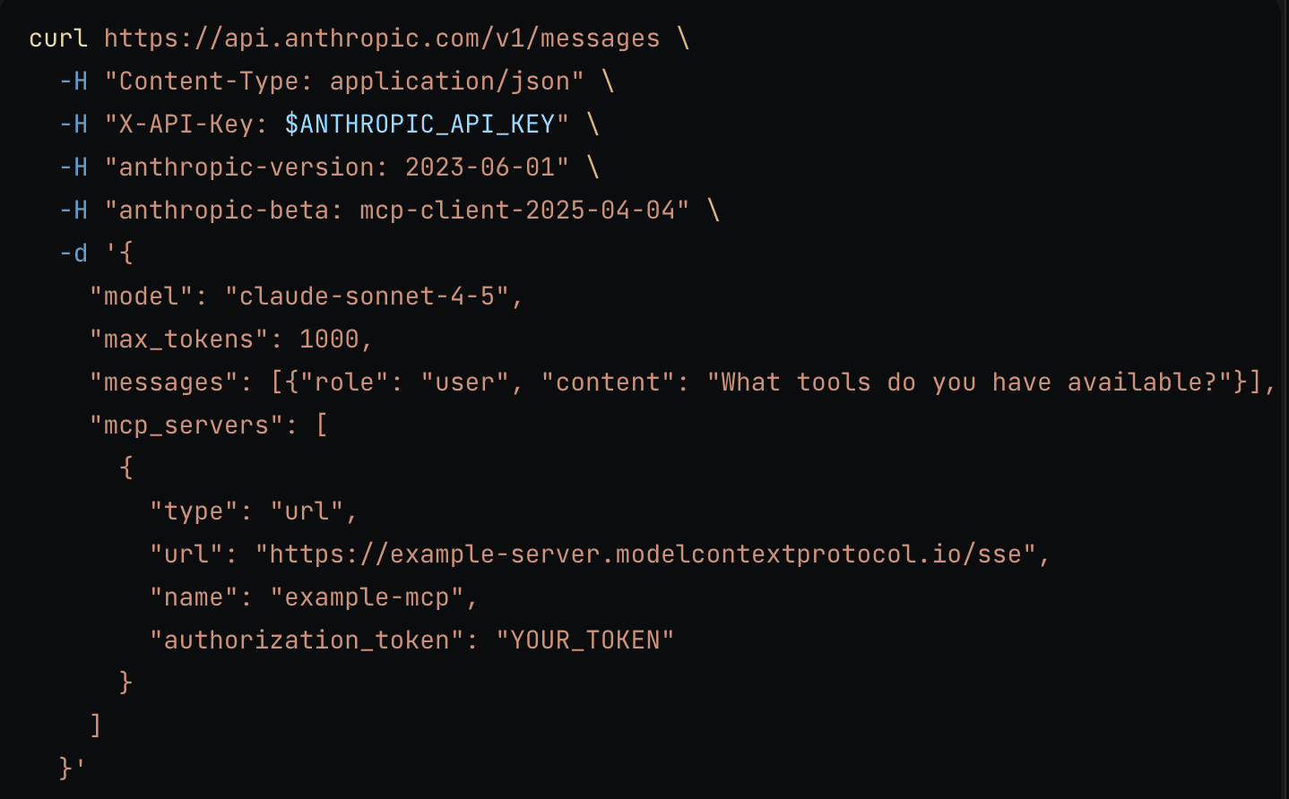 curl request to Anthropic's Messages API carrying the mcp-client beta header and an mcp_servers block that points at a remote SSE endpoint with an auth token