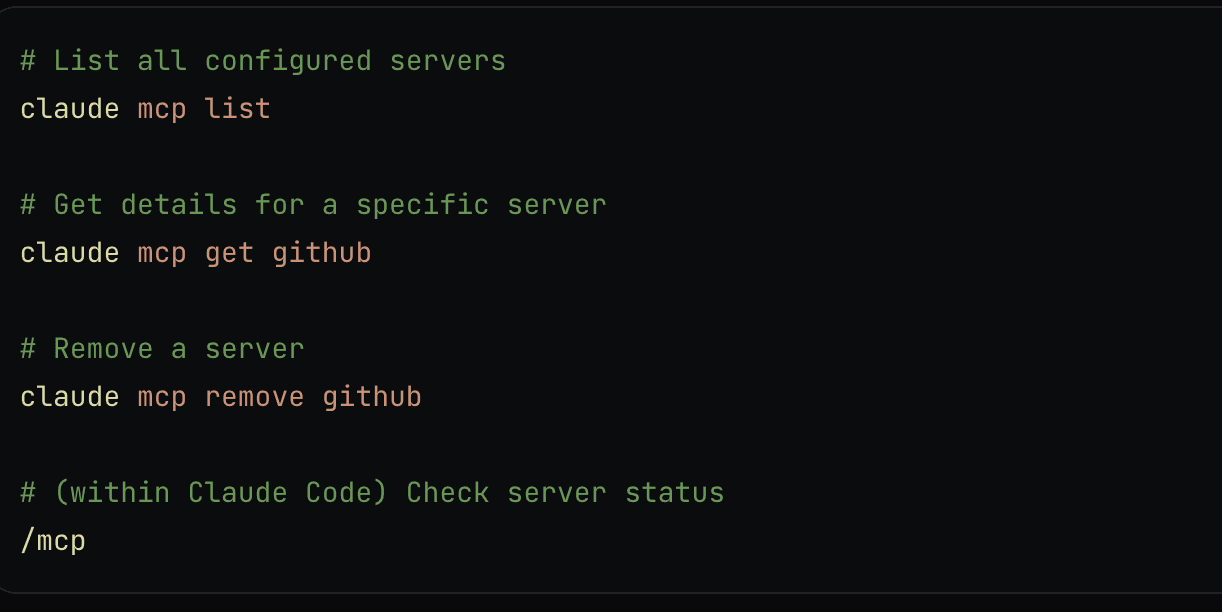 Claude Code terminal commands for managing MCP servers: claude mcp list, claude mcp get github, claude mcp remove github, and /mcp to check server status