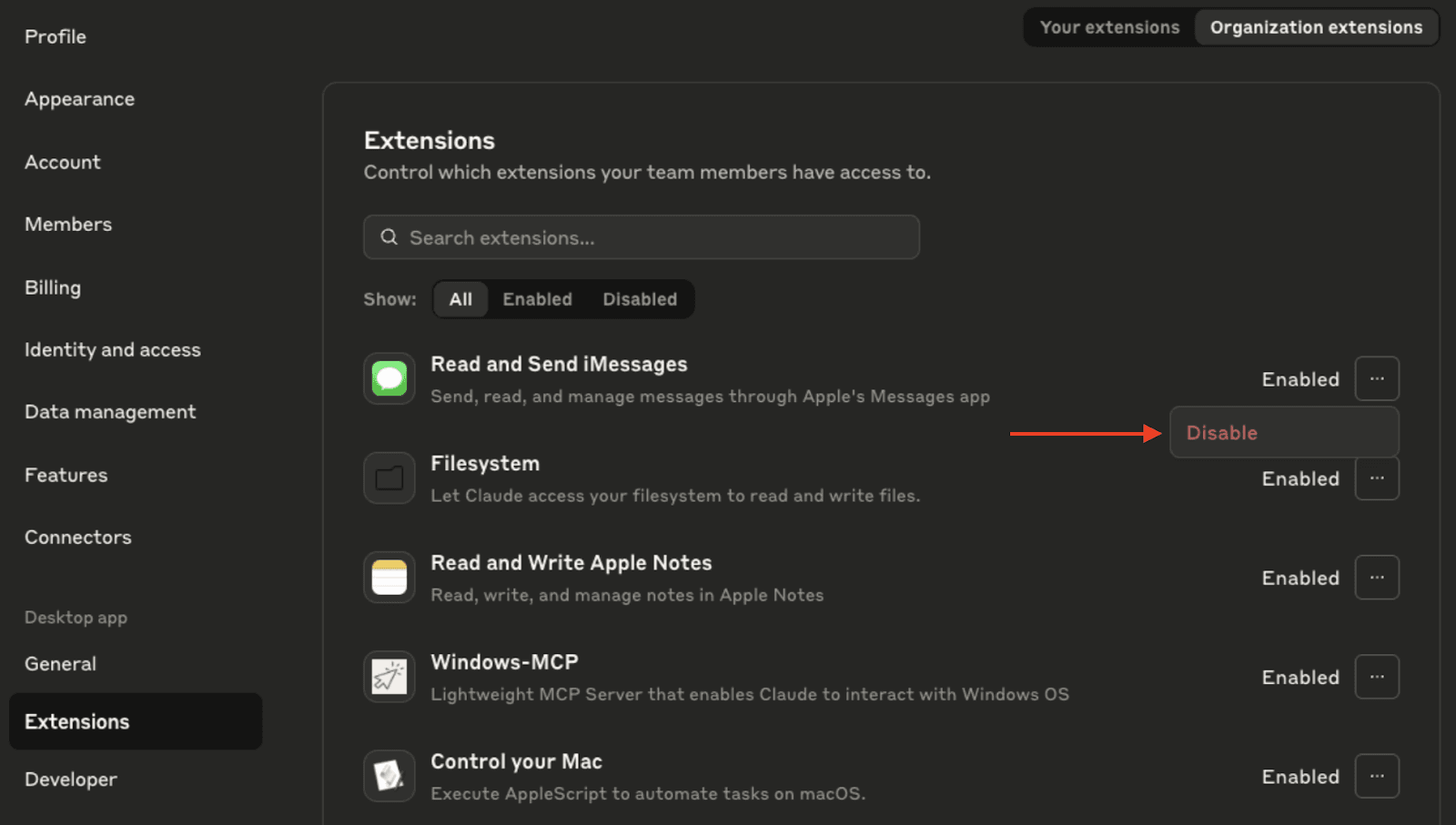 Claude's Organization extensions settings, with a red arrow pointing at the Disable option for one of several enabled extensions