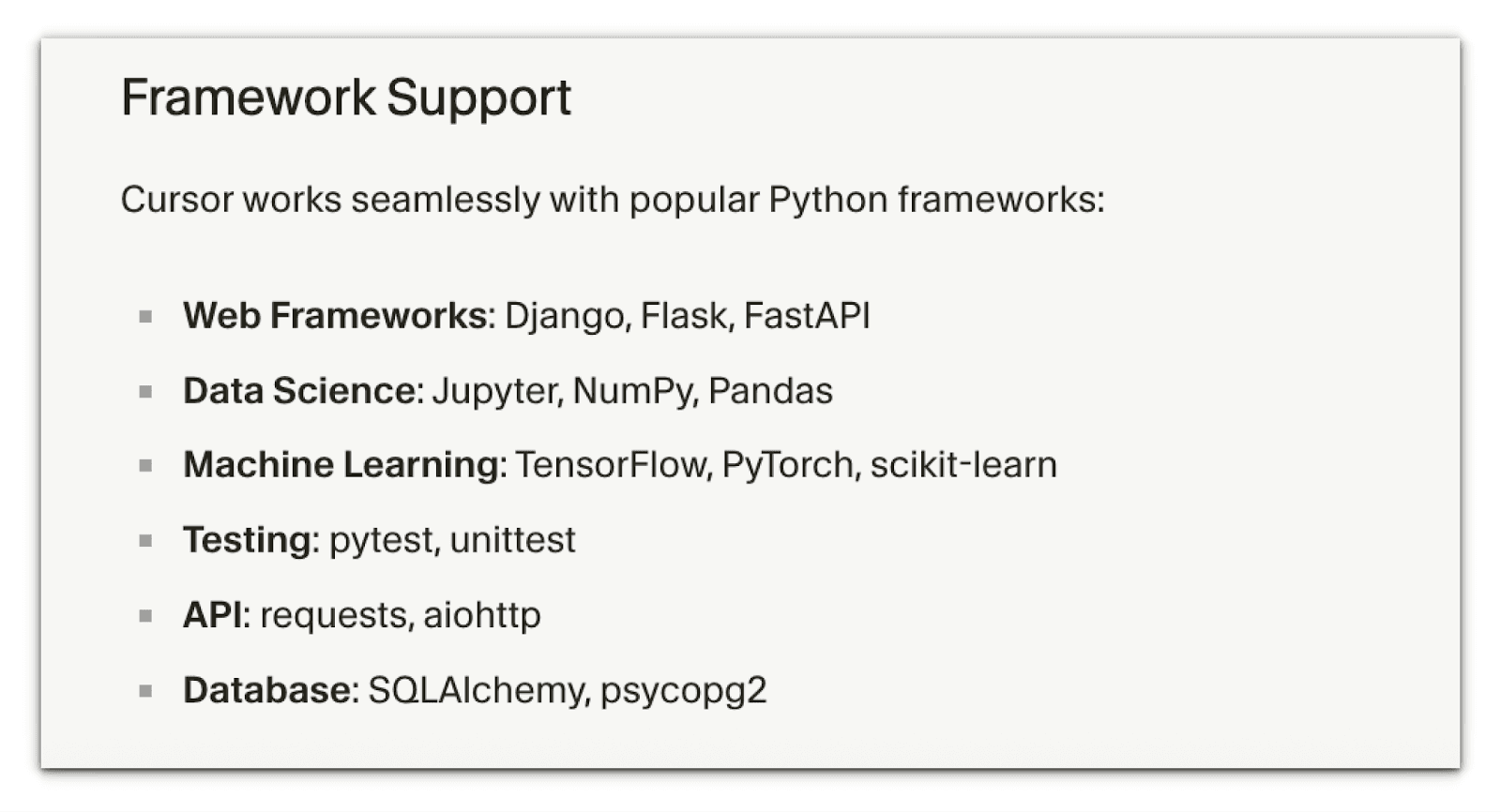Framework support card grouping the Python libraries Cursor works with, from Django and FastAPI through PyTorch, pytest and SQLAlchemy