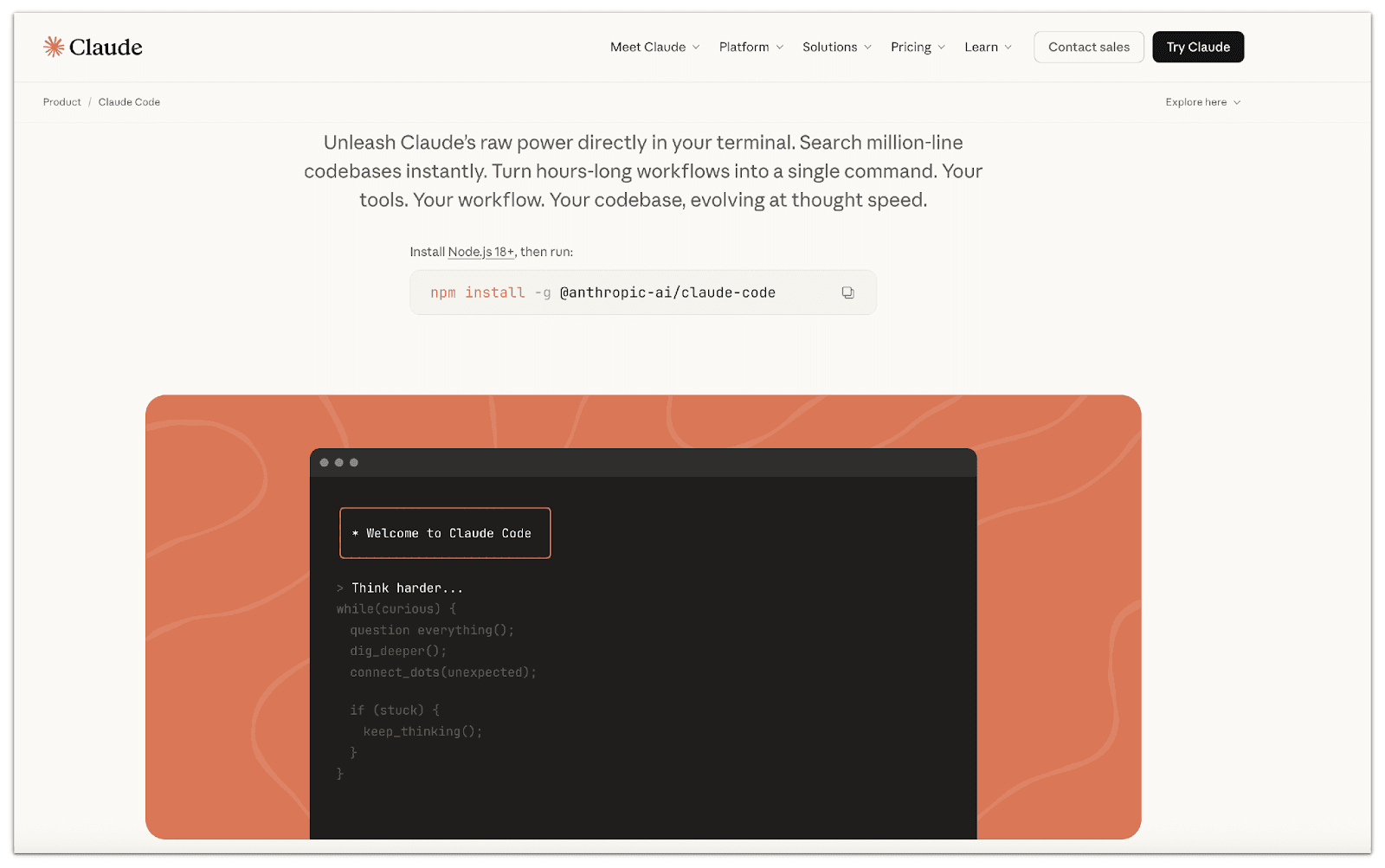 Anthropic's Claude Code page with the npm install -g @anthropic-ai/claude-code command above a terminal window reading "Welcome to Claude Code"