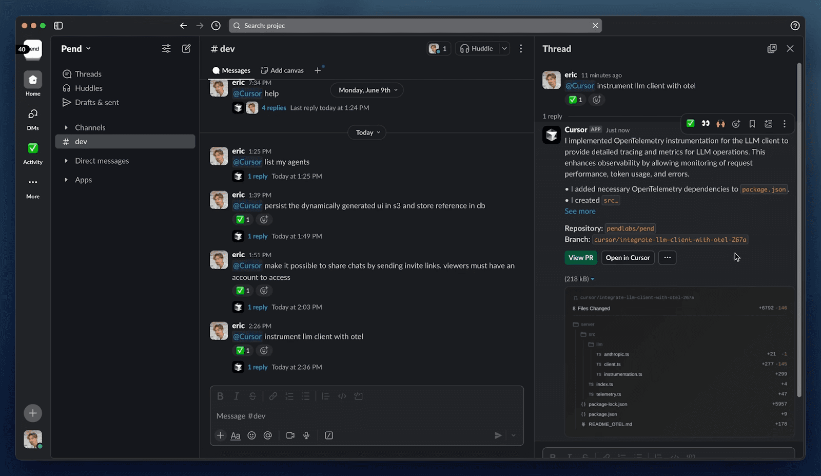 Slack thread where @Cursor answers an "instrument llm client with otel" request with its own branch, an eight-file diff and View PR and Open in Cursor buttons
