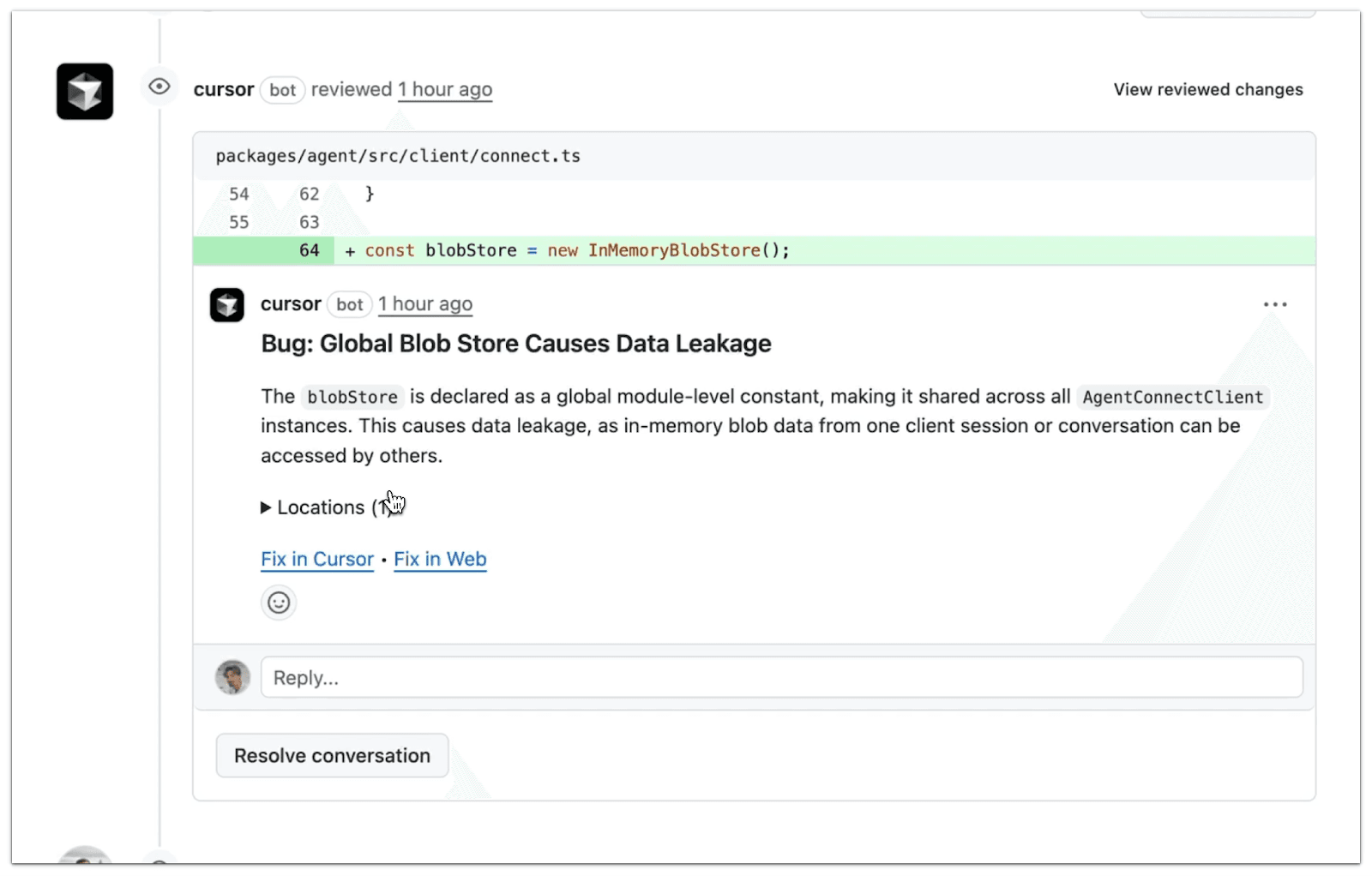 Cursor's bot flagging "Bug: Global Blob Store Causes Data Leakage" on a module-level blobStore in a GitHub pull request, offering Fix in Cursor or Fix in Web