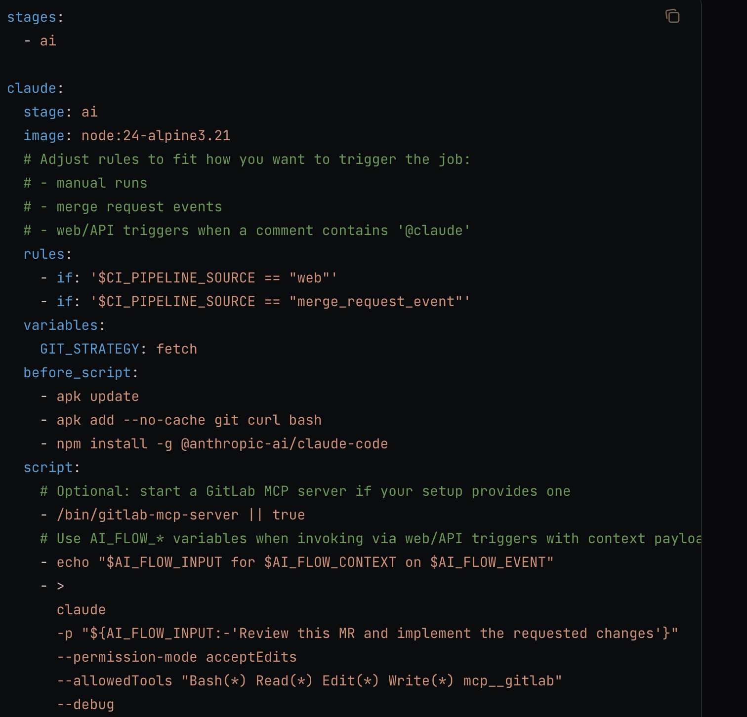 GitLab CI job named claude that installs @anthropic-ai/claude-code and runs it on merge request events with --permission-mode acceptEdits and an allowedTools list