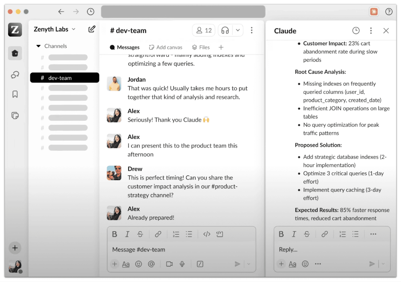 Claude's side panel in Slack's #dev-team channel breaking a database slowdown into root cause, proposed fixes and 85% faster response times