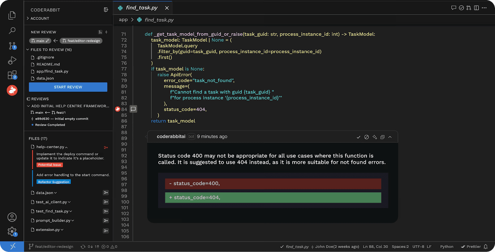 CodeRabbit's VS Code sidebar mid-review of find_task.py, with an inline bot comment swapping status_code=400 for 404 on a not-found error
