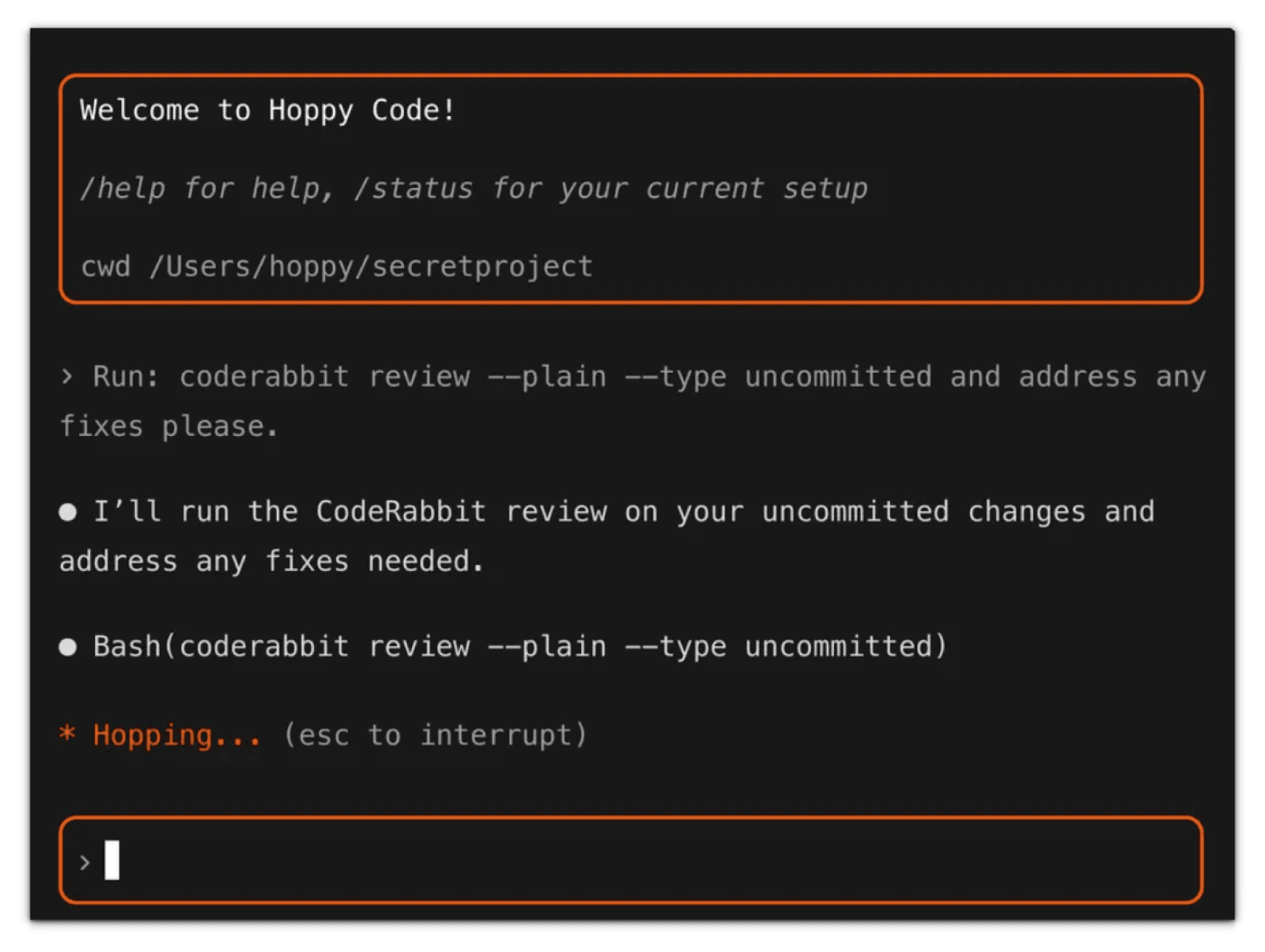 Hoppy Code terminal running coderabbit review --plain --type uncommitted after a prompt to address any fixes, with a Hopping progress spinner