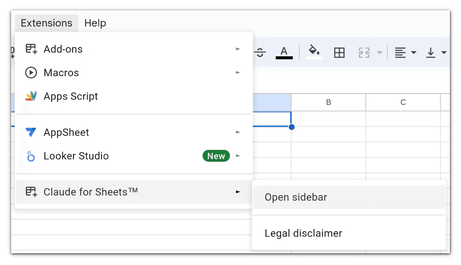Google Sheets Extensions menu with Claude for Sheets highlighted and its submenu open on Open sidebar and Legal disclaimer