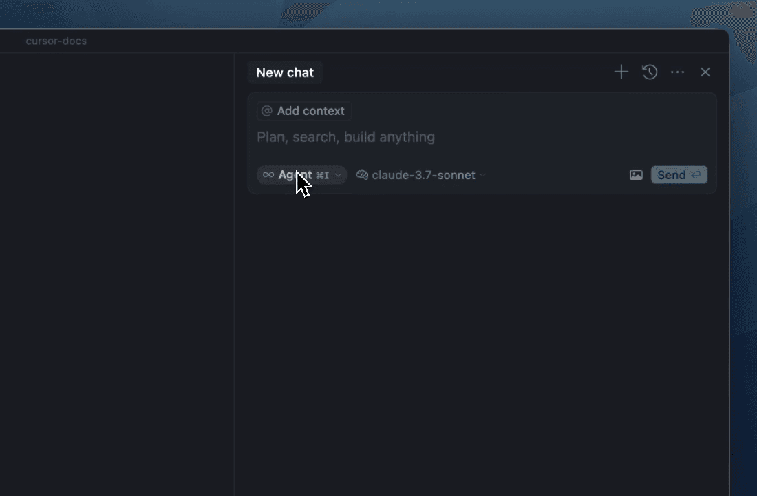 Cursor's empty New chat panel docked beside the editor, with the mode selector set to Agent and claude-3.7-sonnet picked as the model