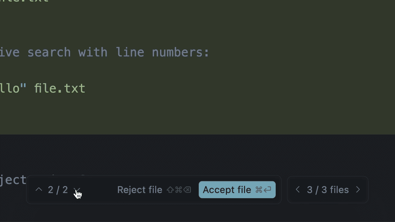 Floating diff toolbar in the dark strip below a block of added green code, offering Reject file or a highlighted Accept file, with hunk 2 of 2 and file 3 of 3 counters
