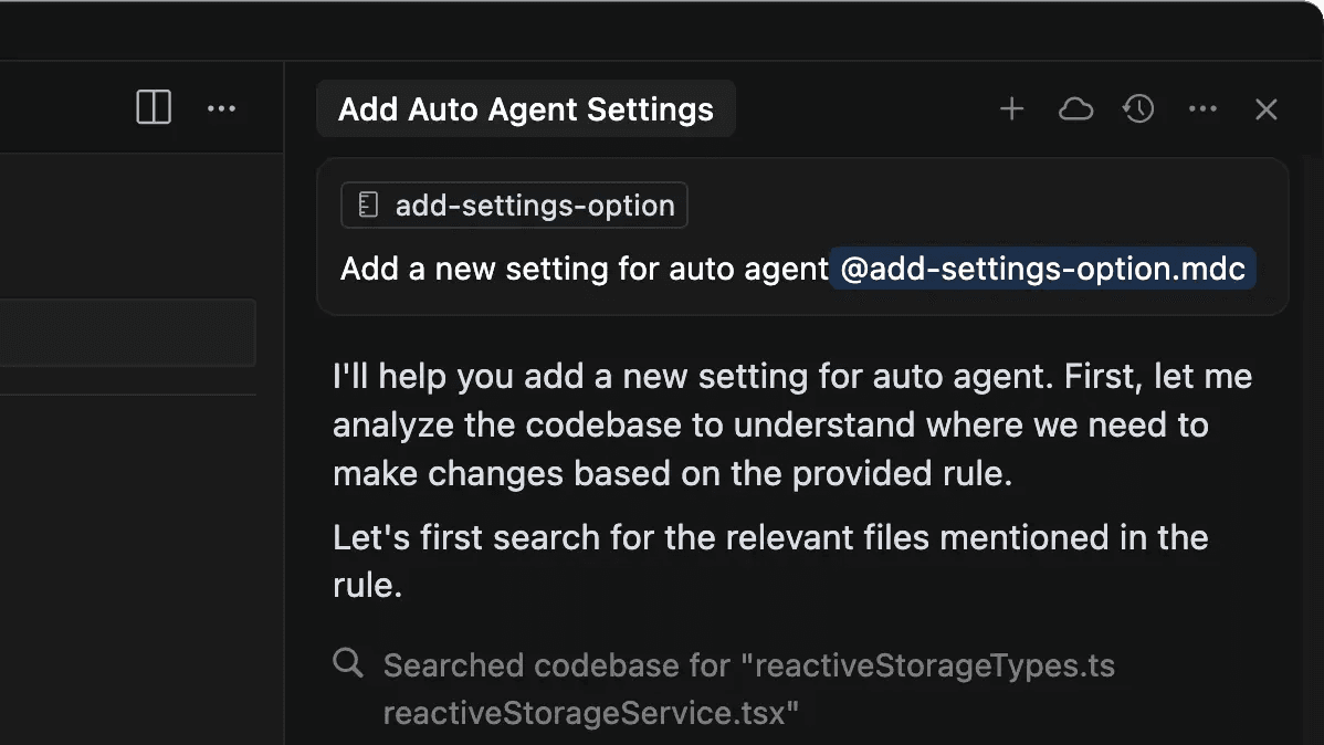 Cursor chat applying the add-settings-option.mdc rule to add an auto agent setting, then searching the codebase for reactiveStorageTypes.ts