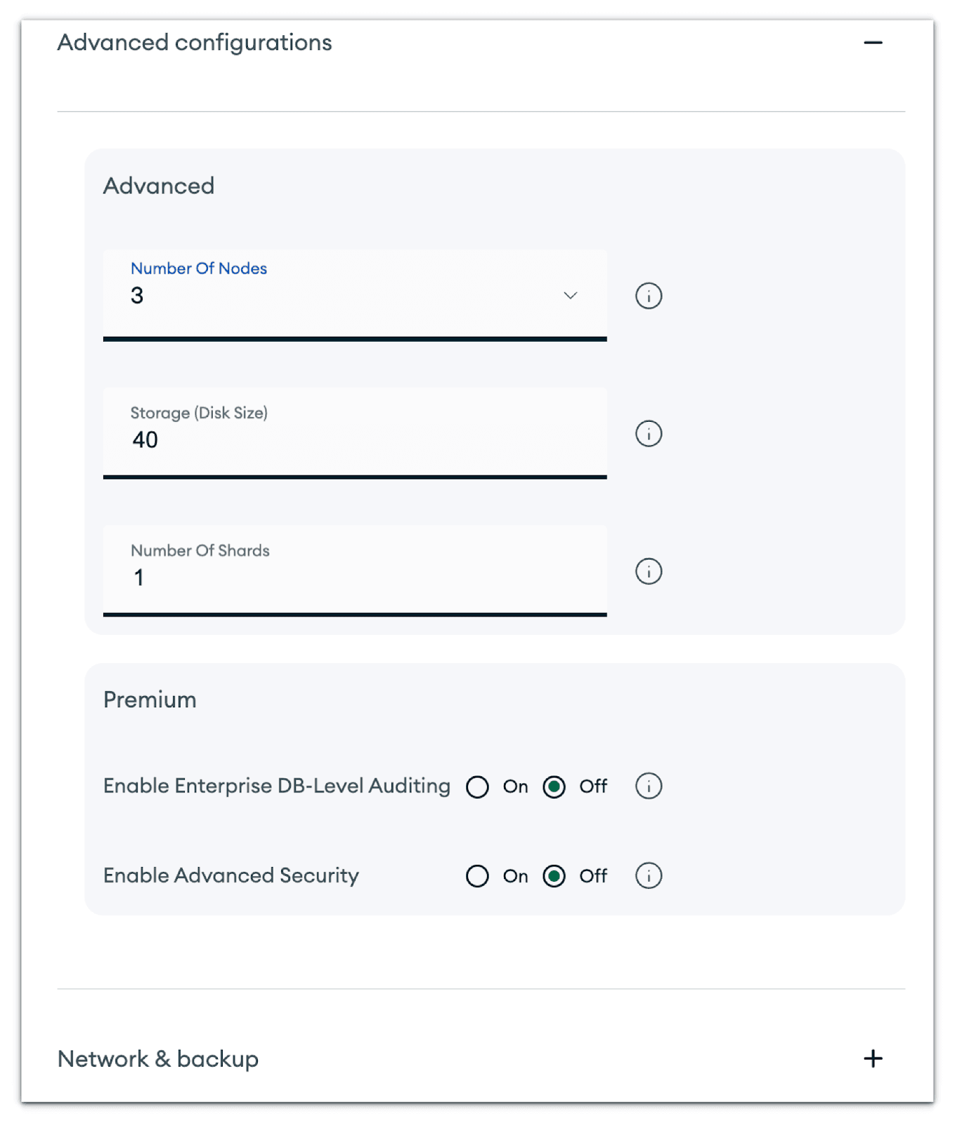 MongoDB Atlas pricing calculator advanced settings: 3 nodes, 40 GB storage, 1 shard, with enterprise auditing and advanced security both switched off
