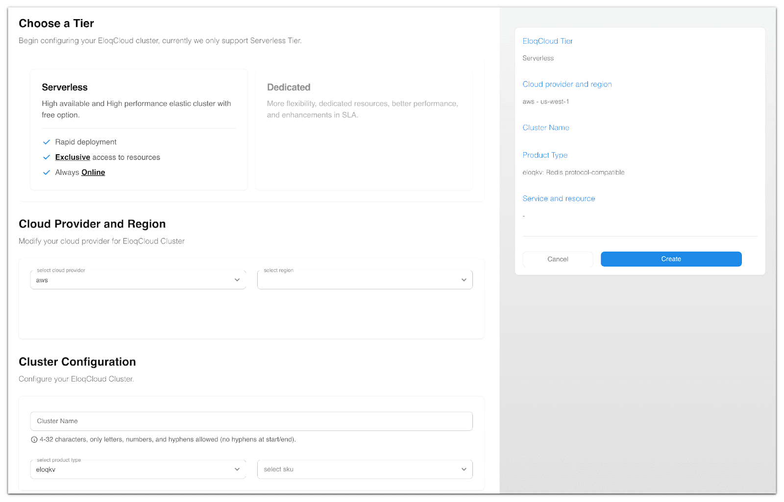 EloqCloud cluster setup “Choose a Tier” screen