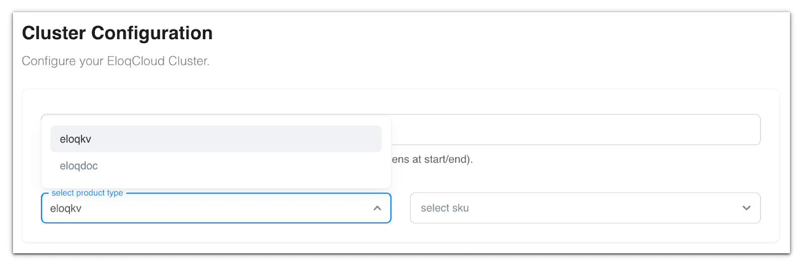 EloqCloud's cluster configuration step with the product type dropdown open, offering eloqkv and eloqdoc next to an unset SKU selector