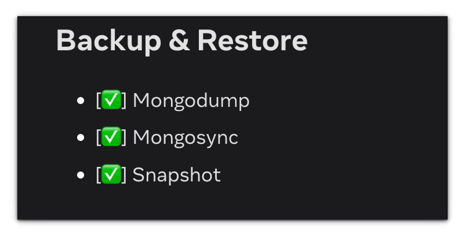 EloqDoc "Backup & Restore" support card with green checkmarks beside Mongodump, Mongosync and Snapshot