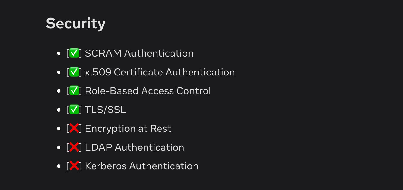 EloqDoc security checklist ticking SCRAM, x.509, role-based access control and TLS/SSL, with encryption at rest, LDAP and Kerberos crossed out in red