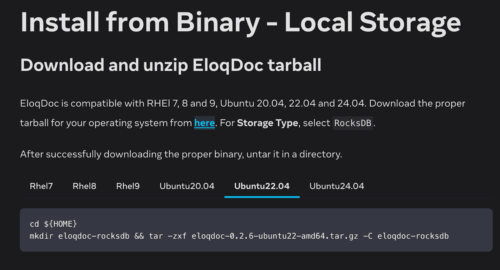 EloqDoc docs page "Install from Binary - Local Storage" with the Ubuntu22.04 tab selected and a tar command unpacking eloqdoc-0.2.6-ubuntu22-amd64.tar.gz
