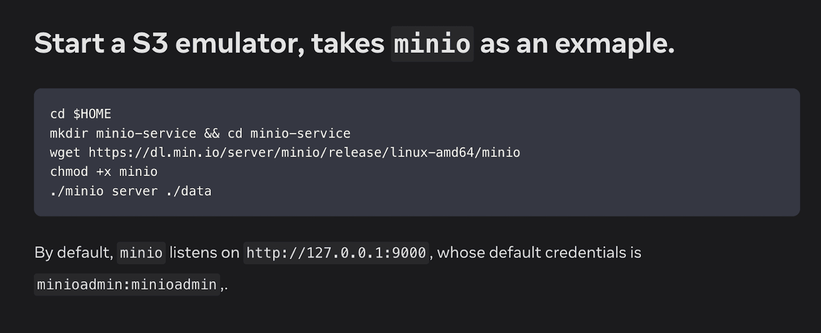 EloqDoc docs step for starting MinIO as an S3 emulator, with wget and server commands and a note that it listens on http://127.0.0.1:9000